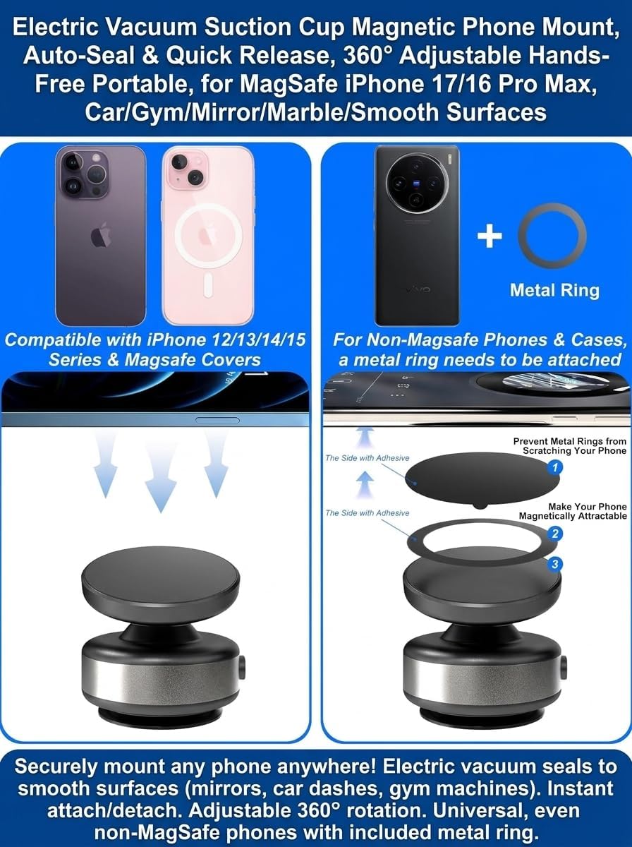Electric Vacuum MagSafe Magnetic Phone Mount, Suction Cup Holder for Car