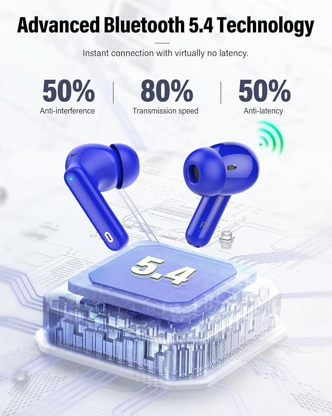 Wireless Earbuds, Bluetooth 5.4 Headphones Bass Stereo/Clear Calls, Blue | Ear Buds with Noise Cancelling Mic LED Display in Ear Earphones IP7 Waterproof 36H Bluetooth Earbuds for Phones/Sport/Laptop