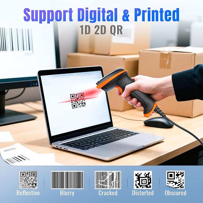 Tera Upgraded USB 1D 2D QR Barcode Scanner Wired, Officially Certified