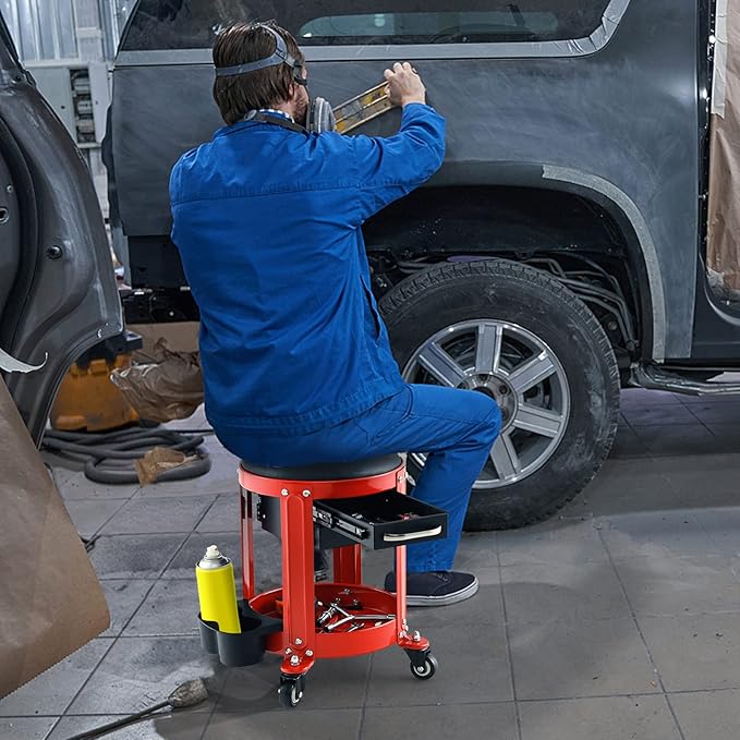 Nightcore Workshop Rolling Seat, Round Creeper Stool with Removable Cushion, Tool Tray, 2 Drawers & Twin Can Holders, Mechanic Roller with 4 Universal Casters for Garage, 300 Lbs Weight Capacity