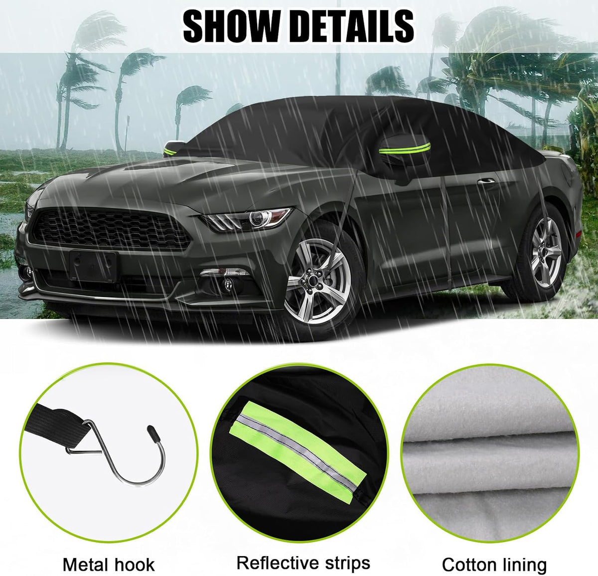 300D Black Oxford Half Car Cover Compatible with 2005-2024 Ford Mustang S-197/S550/S650, Protector Car Body Covers for Windproof Dustproof UV Resistant Protect Your Windshield and Roof