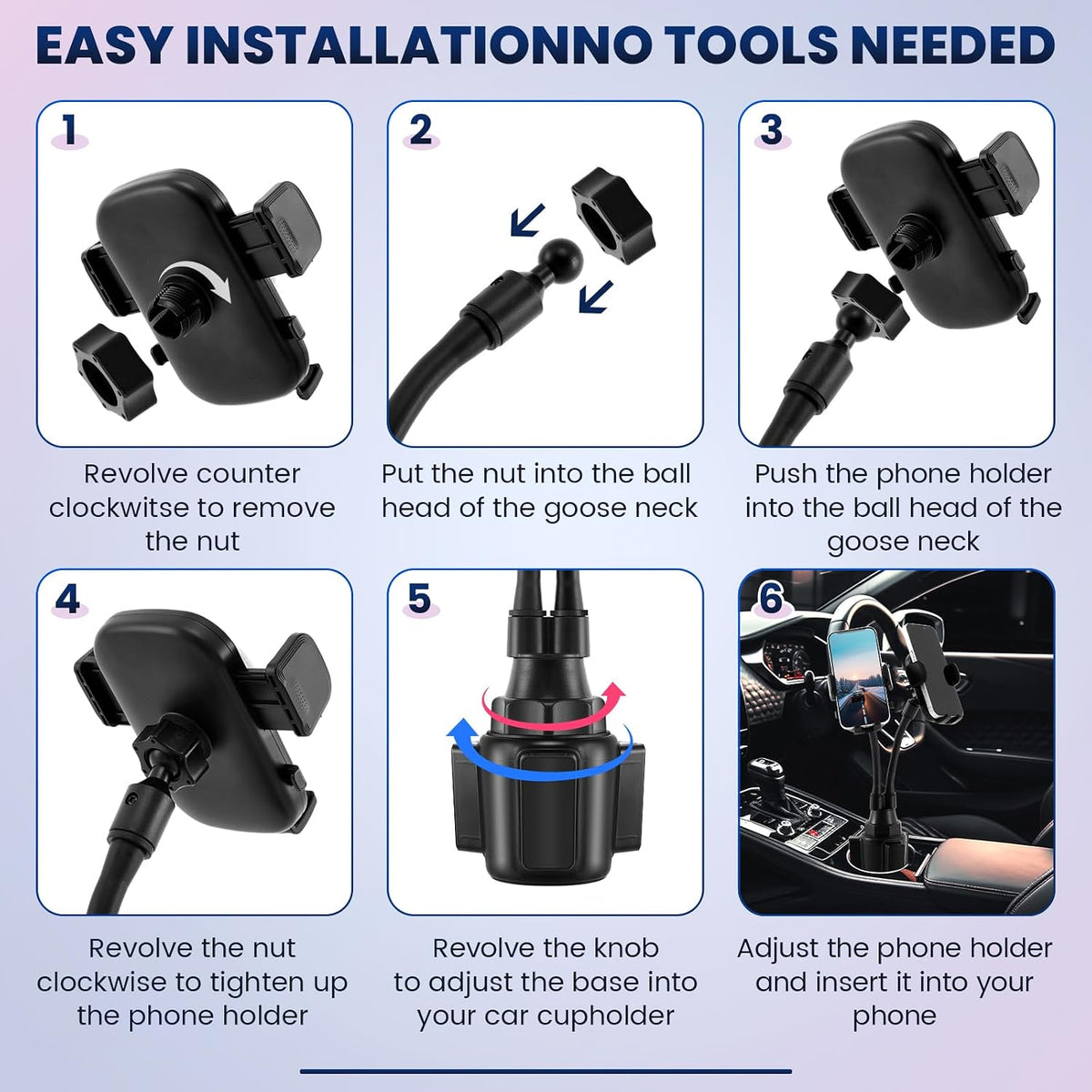 DaisyInner Dual Phone Car Mount Cup Holder 360° Rotatable 2.6"-4.3"