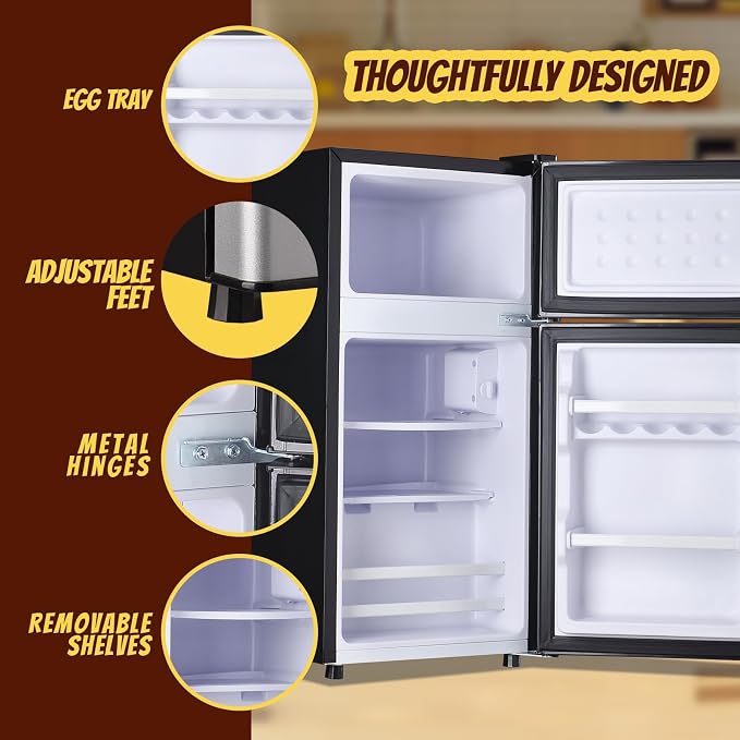Mini Fridge 2.4 Cu.ft Mini Refrigerator with Freezer Dual Door Dorm Fridge for Personal Senven Temp Gear Suit for Apartment, Bedroom, Rv Silver