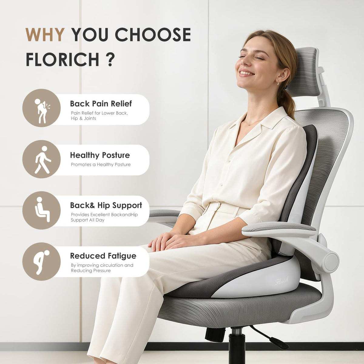 FLORICH Car Seat Cushion and Lumbar Support Pillow, Ergonomic Memory Foam Driving Seat Cushions for Back & Sciatica Pain Relief, Non-Slip Cushion for Car, Office, Truck, Wheelchair, Gaming Chair-Gray