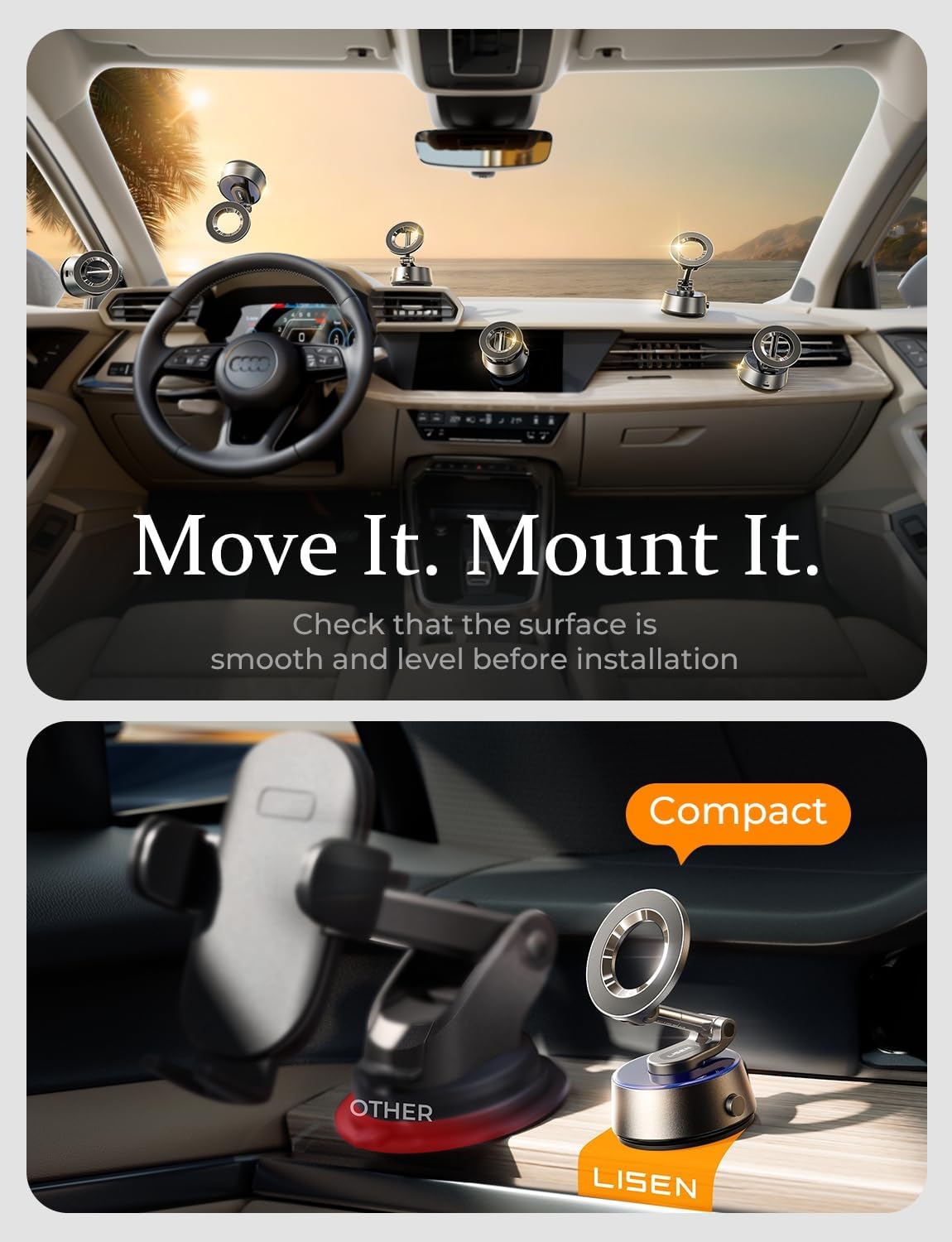 LISEN Suction Phone Mount for Car【Leaves No Residue】, 360 Adjustable Magnetic Phone Holder for Car Dashboard Universal Magsafe Accessories for iPhone 17 Pro Max Air 16 15 14 13 12