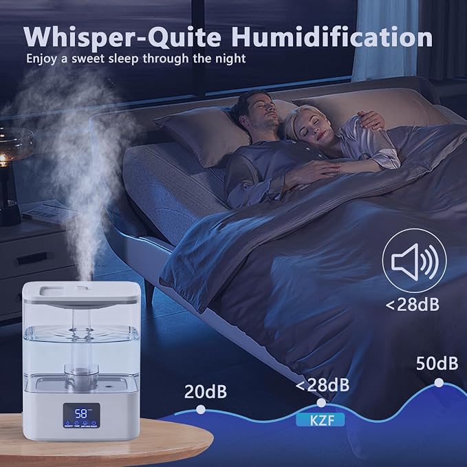 KZF 4L Top Fill Humidifiers for Bedroom & 60H Runtime - Cool Mist Humidifier, 3 Mist Levels, 8H Timer, Essential Oil Tray, Humidity Display, Quiet for Bedroom, Baby, Plants, Large Room (White, 4L)