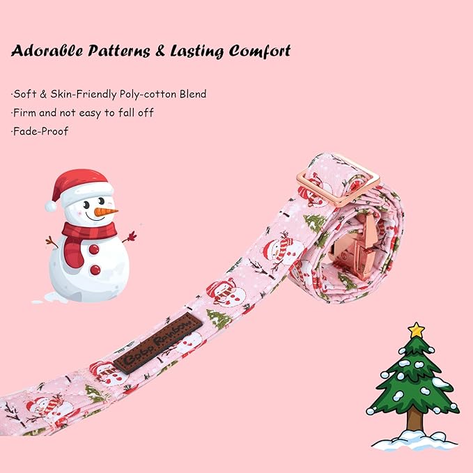 Christmas Dog Collar, Christmas Tree and Snowman Print Cute Winter Holiday Collars Cotton Adjustable Comfortable Pink Dog Collar with Bow,Stylish Collars for X-Large Girl Dogs