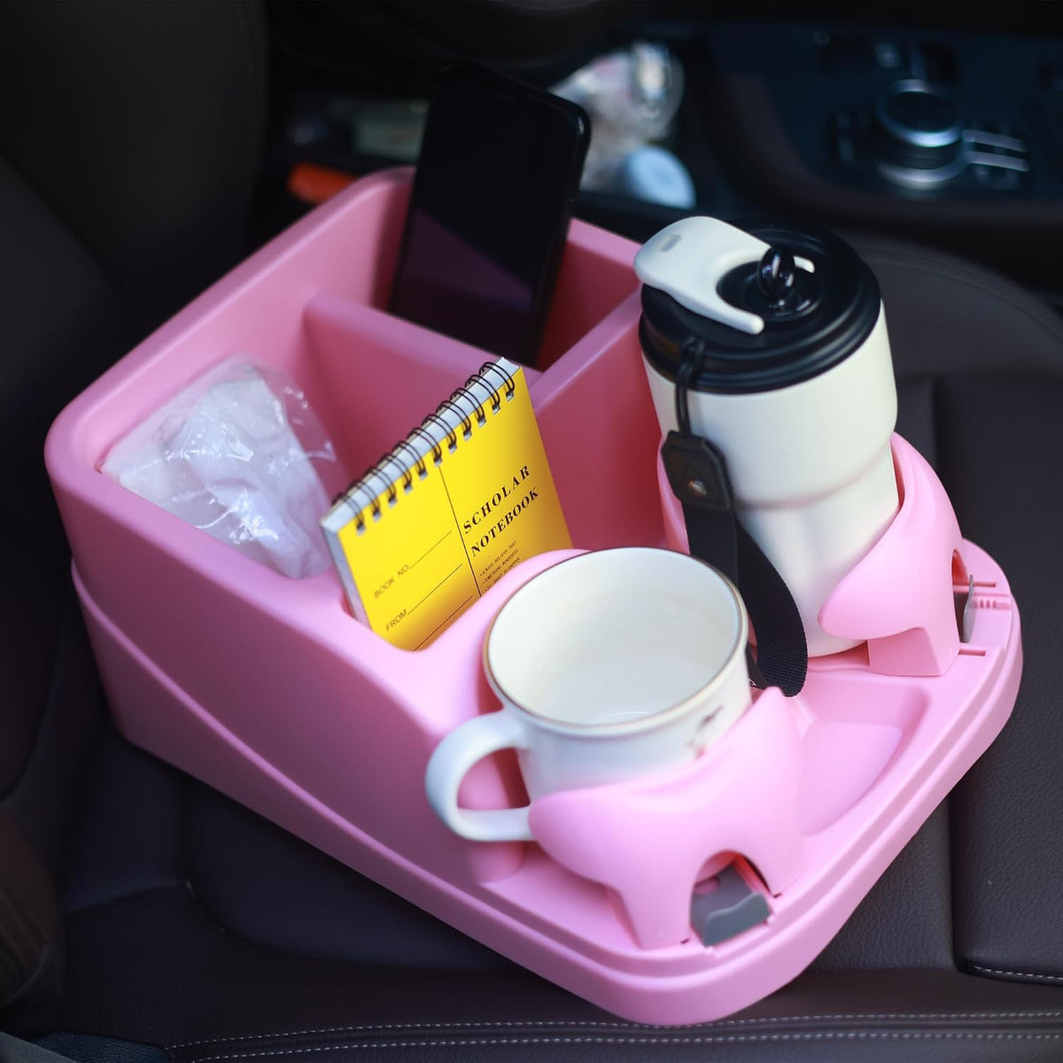Car Console Organizer, Car Seat Organizer with 2 Adjustable Cup Holders, Center Console for Cars, Trucks, Minivans, SUVs, Vehicle Organizer, 3 Large Storage Compartment (Pink)