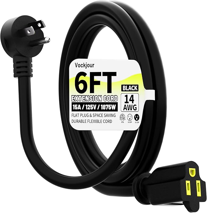 Vockjour 6 FT Black Low Profile Flat Plug 14 Gauge Heavy Duty Extension Cord, 14AWG 3-Wire Grounded Appliance Extension Cord, 15A/125V/1875W SJTW ETL Listed Power Cord