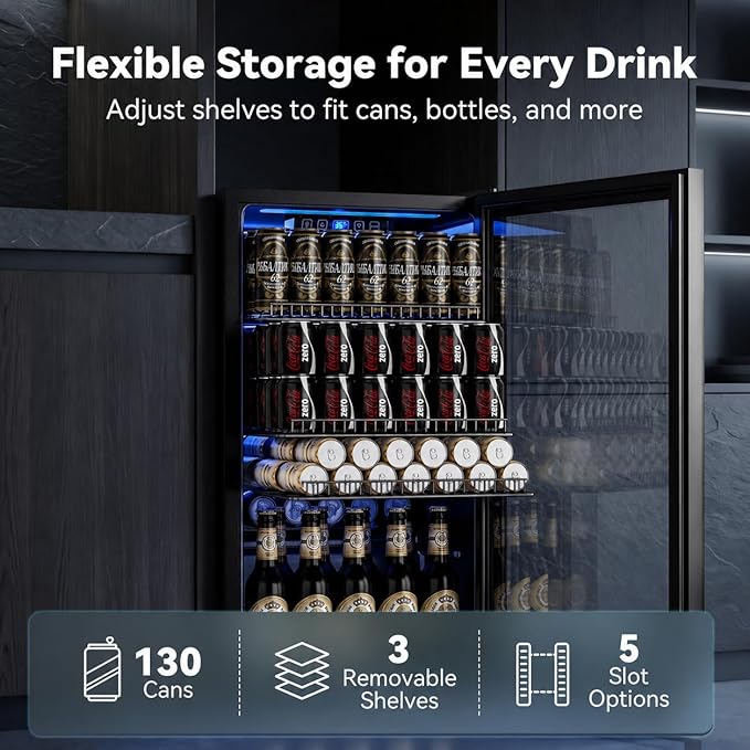 130 Can Beverage Refrigerator, 3.2 Cu.Ft Mini Fridge Beverage Cooler | Glass Door, 35–65°F Digital Temperature Display, Adjustable Shelves, Beverage Fridge for Soda, Beer & Wine