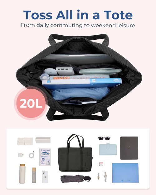BAGSMART Puffer Tote Bag for Women - 20L Quilted Work & Travel Essentials with Zipper