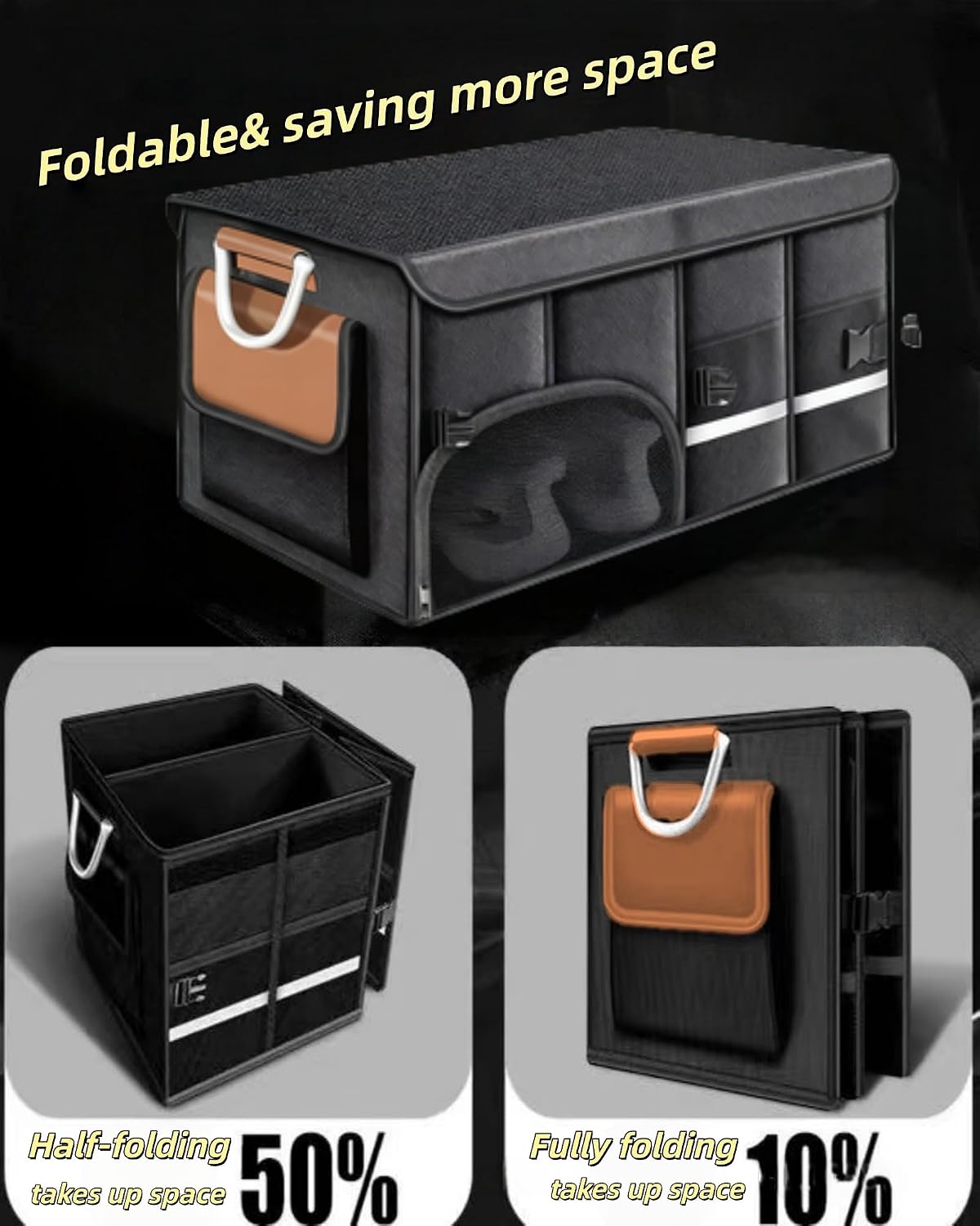 Car Trunk Organizer for SUV, Foldable Car Organizers and Storage with 4 Pocket, 72L Car Accessories with Shoes Compartments and Insulation Cooler Bag，Orange
