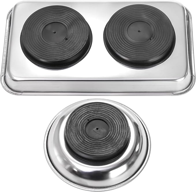 Okllen 6 Pcs Magnetic Parts Tray Set, Stainless Steel Heavy Duty 9.5"W x 5.5''L Square and 4 1/4" Round Extra Strong Magnetic Tool Trays Holder for Socket Screw Nuts Bolts Metal Parts