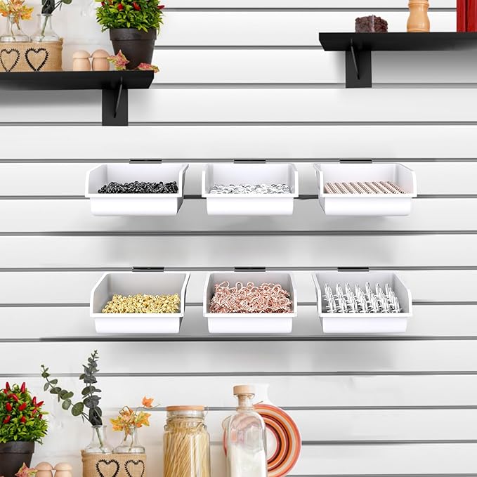 Slatwall Bins with Hooks Plastic Slatwall Organizer Slatwall Containers Workbench Bins for Slat Wall Organizing Hardware, Garage, Craft Room, Tool Shed, Hobby Supplies (6, White)