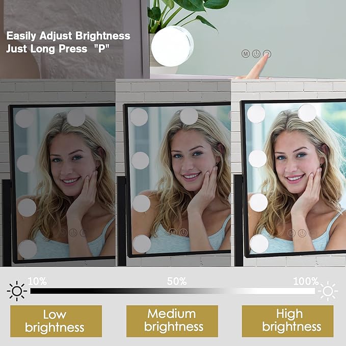Lighted Makeup Mirror Hollywood Mirror Vanity Mirror with Lights, Touch Control Design 3 Colors Dimable LED Bulbs, Detachable 10X Magnification, 360°Rotation, Black.