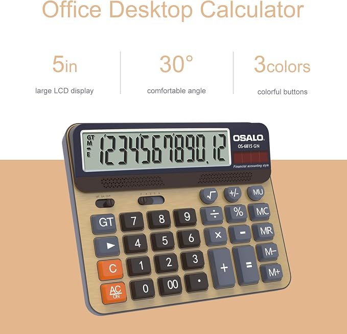 Desktop Calculator Extra Large 5-Inch LCD Display 12-Digit Big Number