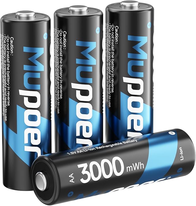 Mupoer Rechargeable AA Batteries 4 Count, Lithium Battery A 1.5V 3000mWh