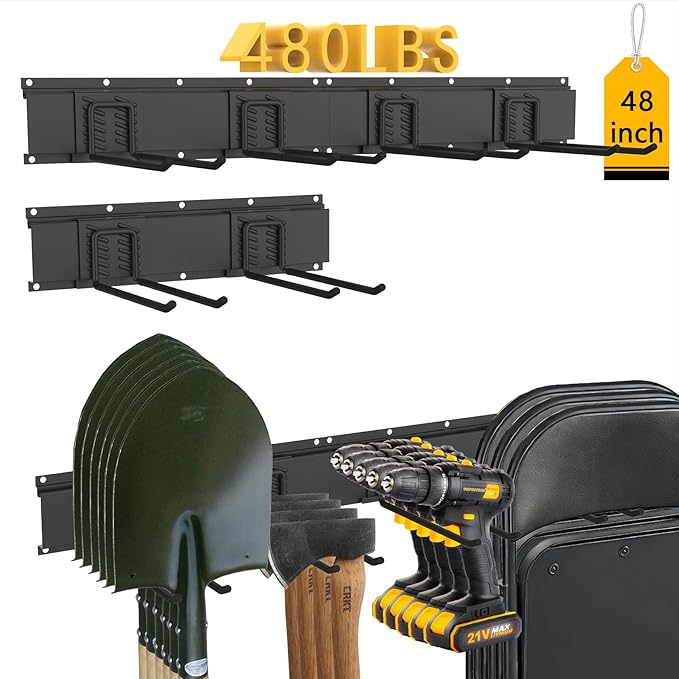 CBWLWJ 48'' Garage Tool Organizer Wall Mount - Heavy Duty 480 lbs Capacity Tool Rack with 6 Adjustable Straight Hooks, Wall Mounted Storage System for Garage, Shed, Workshop (Black)