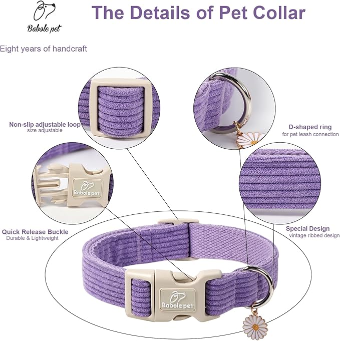 Cute Corduroy Dog Collar - Lavender Adjustable Dog Collars for Medium Dogs 25-50lbs, Fade-Proof with Secure Snap & Little Charm, Christmas Birthday Gift, M