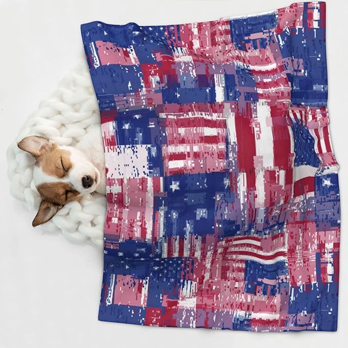 Two Sided Plush Pet Blanket for Crates Carriers Home Use, American Flag and Colored Balloons, Reversible Throw with Cozy Dot Fabric and Silky Reverse for Small Large Pets