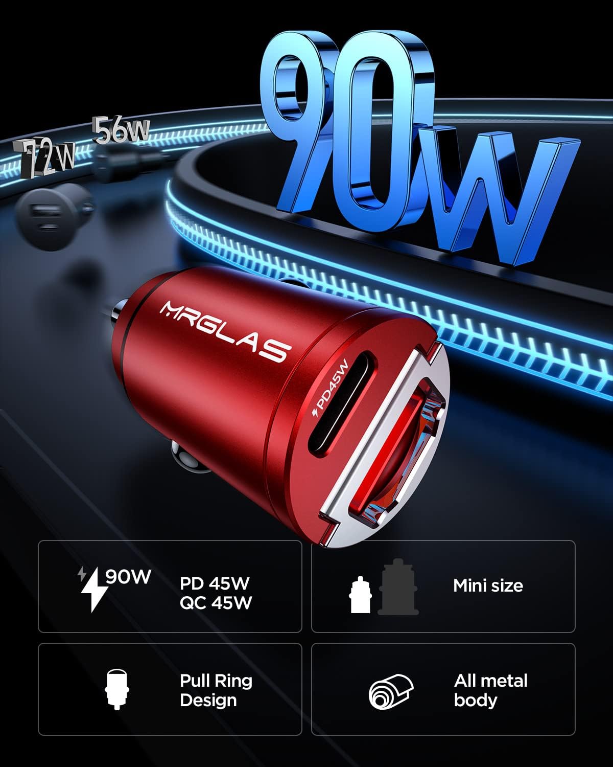 MRGLAS 90W USB C Car Charger Fast Charge, PD45W & QC45W, Flush Fit, Extra 3.3ft Type C Cable, All Metal, Cigarette Lighter USB Charger for iPhone 16 15 Pro Samsung S25 S24 S23 Ultra Pixel 8/8Pro/7-Red