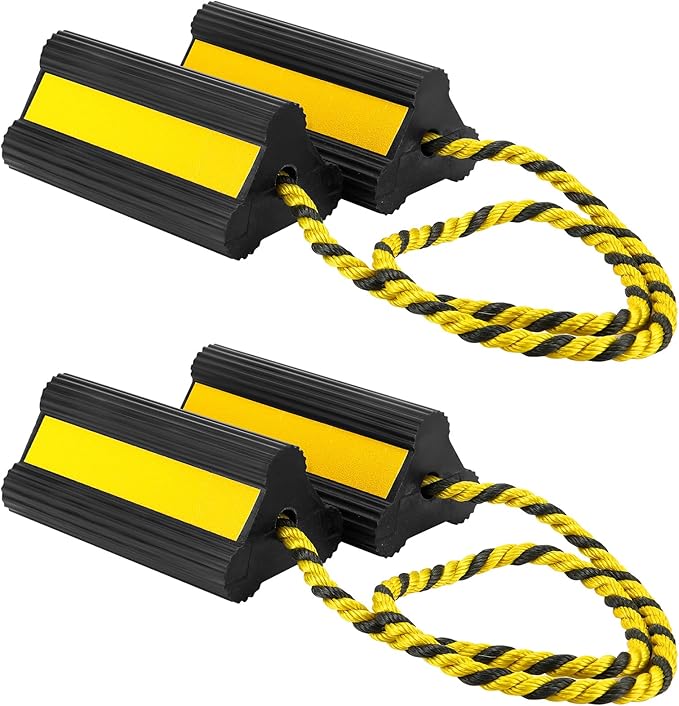 2 Pair Heavy Duty Wheel Chocks for RV Trailer, Rubber Wheel Stoppers, Dual Blocks Front and Back, Non Slip Tire Chock with Nylon Rope Reflective Tape for RVs Travel Trailers Car(Yellow)
