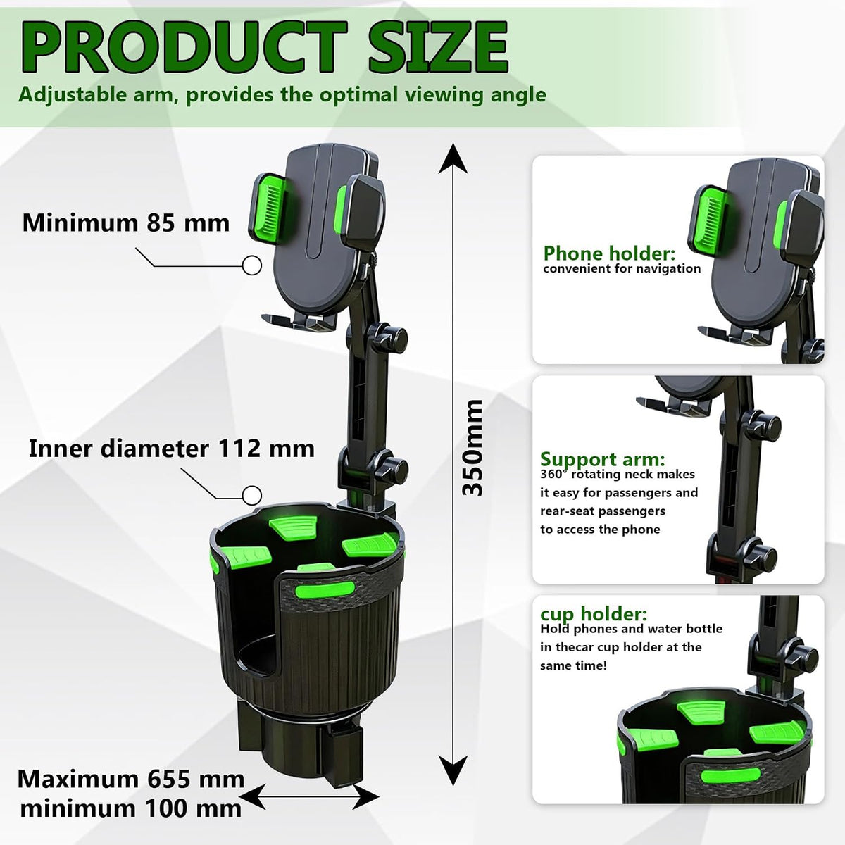 Cup Phone Holders for Your Car, Cup Holder Phone Mount, 2 in 1 Cup Holder Phone Mount with Adjustable Base, Car Cellphone Large Adapter Long Arm with 360 Degree Rotation for Vehicles (Green)