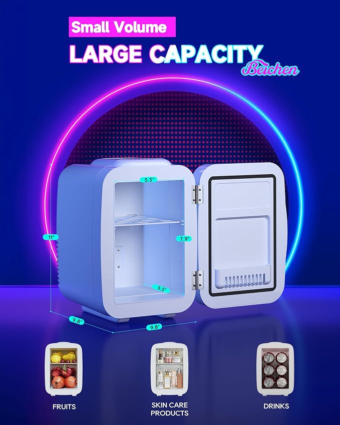 BEICHEN Mini Fridge, 4 Liter/6 Cans Small Fridge With Dimmable LED Light | Cooler and Warmer ,Compact and Portable,Quiet Operation，Home and Car Power Supply，Gaming mini fridge for Bedroom,Office