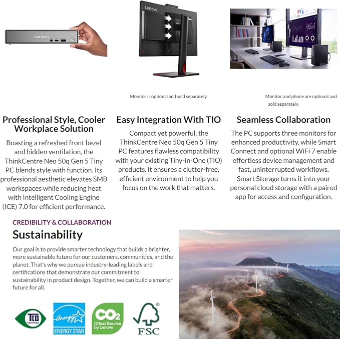 Lenovo ThinkCentre neo 50q Gen 5 Mini Desktop PC, Intel Core i5-13420H 8-Core, 8GB DDR5 RAM, 512GB SSD, WiFi 6E, Bluetooth 5.3, Dual Display, USB-C, Windows 11 Pro - Business Office Remote Work