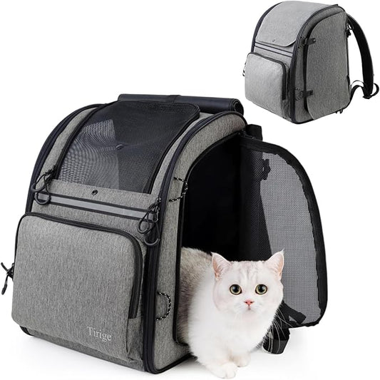 Premium Dog & Cat Carrier Backpack for Travel, Hiking & Vet Visits - Solid Durable Pet Backpack with Breathable Mesh, Safety Strap, Anti-Anxiety Curtain & Storage Pockets, Gray