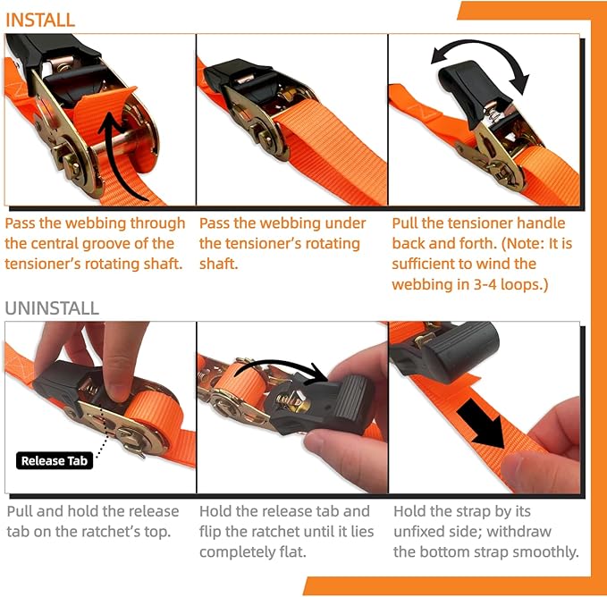 8PK Ratchet Tie Down Straps - 1in x 16feet, 880LBS Working Load & 1760LBS Break Strength, Wear-Resistant Webbing with Non-Slip Rubber Handle, S-Hooks & Storage Bag