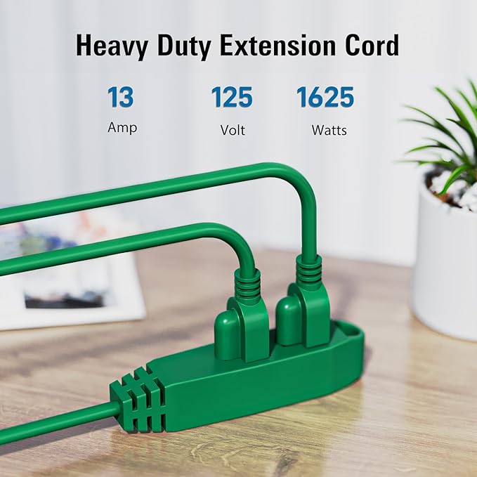 K KASONIC - 12-Feet 3 Outlet Extension Cord, UL Listed, 16/3 SJTW 3-Wire Grounded, 13 Amp 125 V 1625 Watts, Multi-Outlet Indoor/Outdoor Use, Green