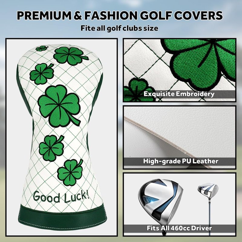 PINMEI Golf Club Head Covers for Driver Headcover Embroidered Four-Leaf Clover Design Synthetic Lether Fit Most Drivers Fit for Titleist Callaway Ping Taylormade Cobra (White Good Luck Driver)