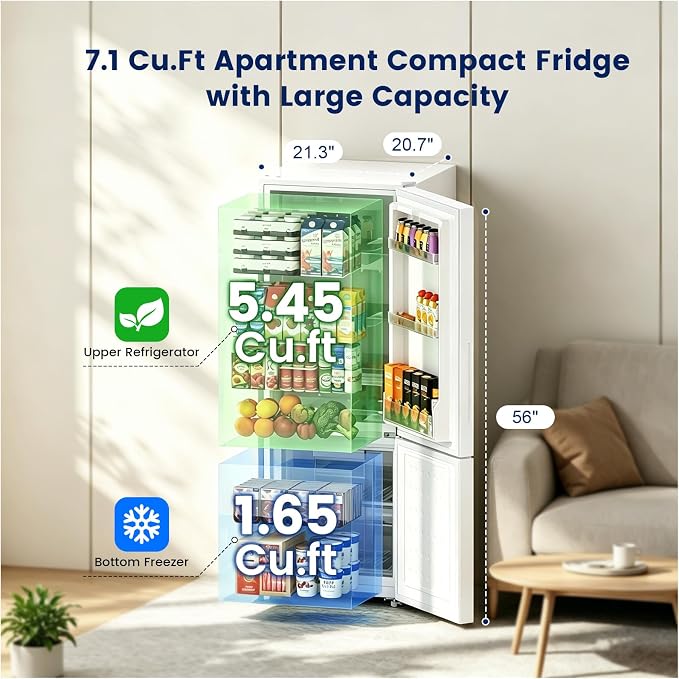 Apartment 7.1 Cu.Ft Refrigerator with Bottom Freezer Cream White | Office Fridge with Bottom Freezer, Large Capacity, Energy Saving, Adjustable Thermostat, Low Noise