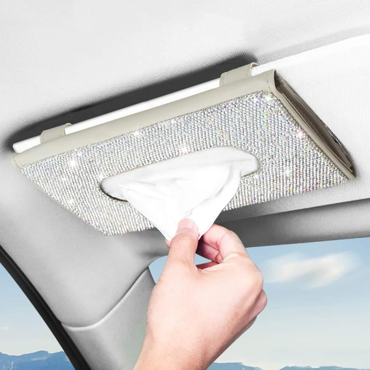 【2026 Upgraded】Bling Car Sun Visor Tissue Box with Refills Paper Towels, PU Leather Backseat Mask Case,Crystal Sparkling Napkin Holder, Handmade Decoration Accessories for Women,Girls,Ladies , White