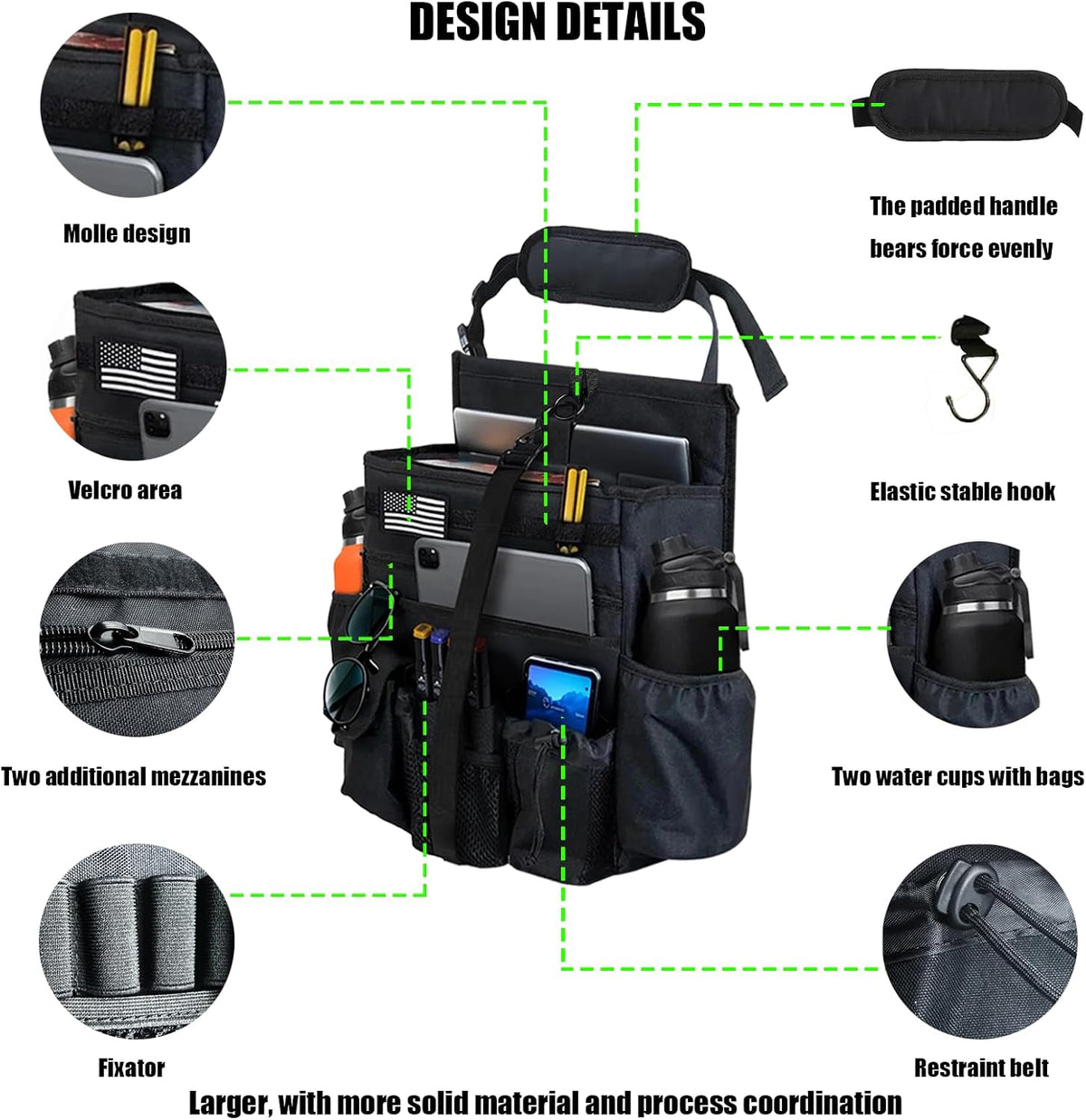 Front & Seat back organizer with 15.6 IN laptop storage stabilizers