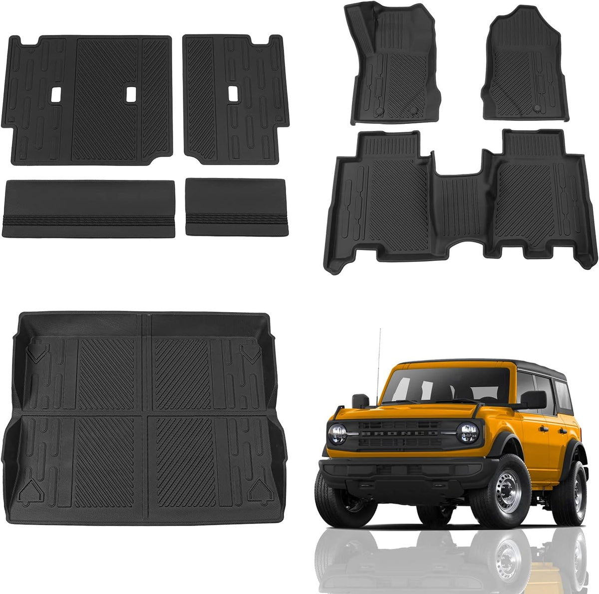 Floor Mats Compatible with 2021 2022 2023 2024 2025 2026 Ford Bronco Trunk Mat Cargo Liner Kick Mat for Ford Bronco Accessories 4 Door(Trunk Mat+Floor Mats+Rear Backrest Mats)