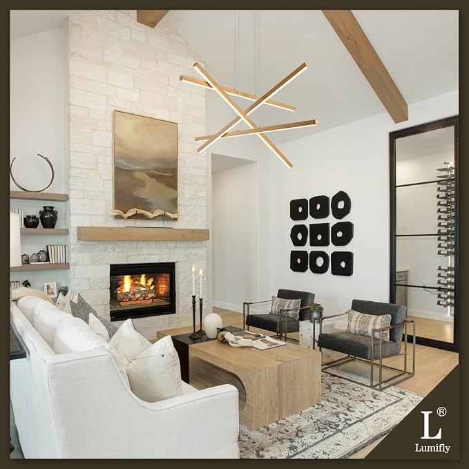 Linear Pendant Light Mdoern LED Chandelier 32" Boho Oak Wood Painted Ceiling