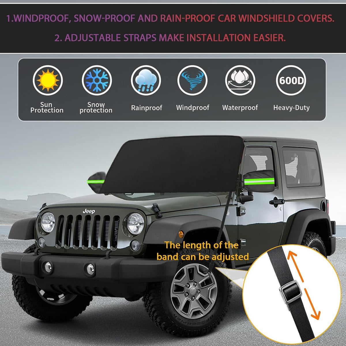 Car Windshield Cover for Ice and Snow, 600D Oxford Fabric Windshield Snow Cover Heavy Duty, Magnetic Car Anti-Snow Cover, Winter Frost Hail Protector for Most Sedan Truck SUV Van MPV (70 x 50 Inch)