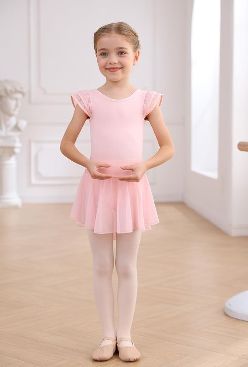 MdnMd Girls Ballet Leotard Dress - Toddler Ballerina Outfit with Flutter Sleeves & Hollow Knot Back