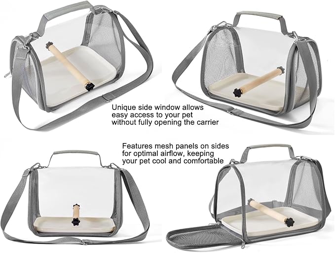Portable Small Pet Carrier Bag – Travel Bird Cage for Parrots, Parakeets, Cockatiels, Hamsters, Lizard and Vet Visit with Shoulder Straps & Side Access (Includes tray and stand, Gray, 10.2*7.5*7.6in)