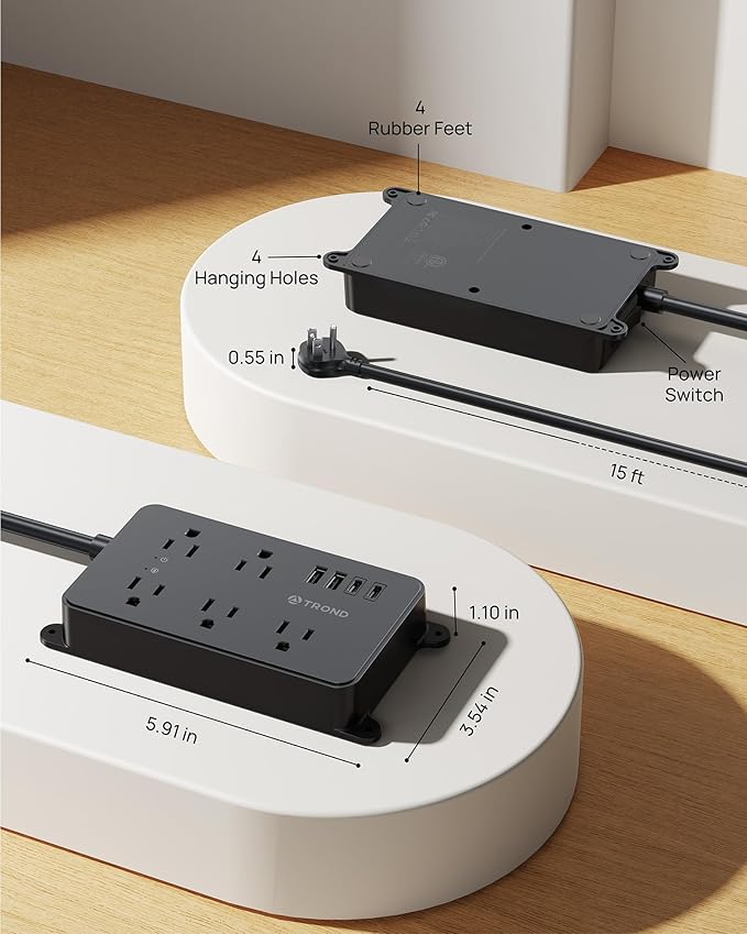 TROND Surge Protector Power Strip, 15ft Long Extension Cord, ETL Listed, 5 Widely Spaced AC Outlets, 2 USB A and 2 USB C, 1300J, Low-Profile Flat Plug, Wall Mountable, for Kitchen Office, Black