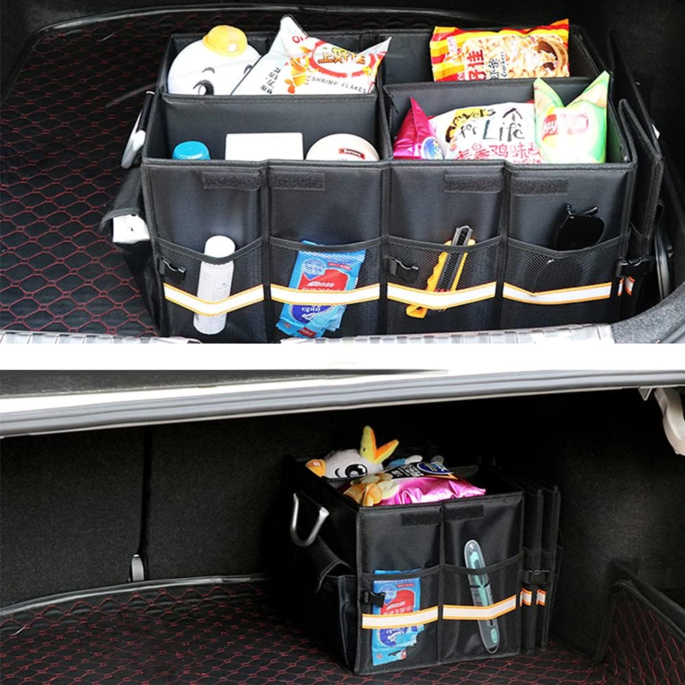 Tianle Car Trunk Organizer - Collapsible Trunk Organizer & Lid Foldable Cover Aluminium Alloy Handle Reflective Strip for Auto, SUV, Truck, Minivan (XL Black)