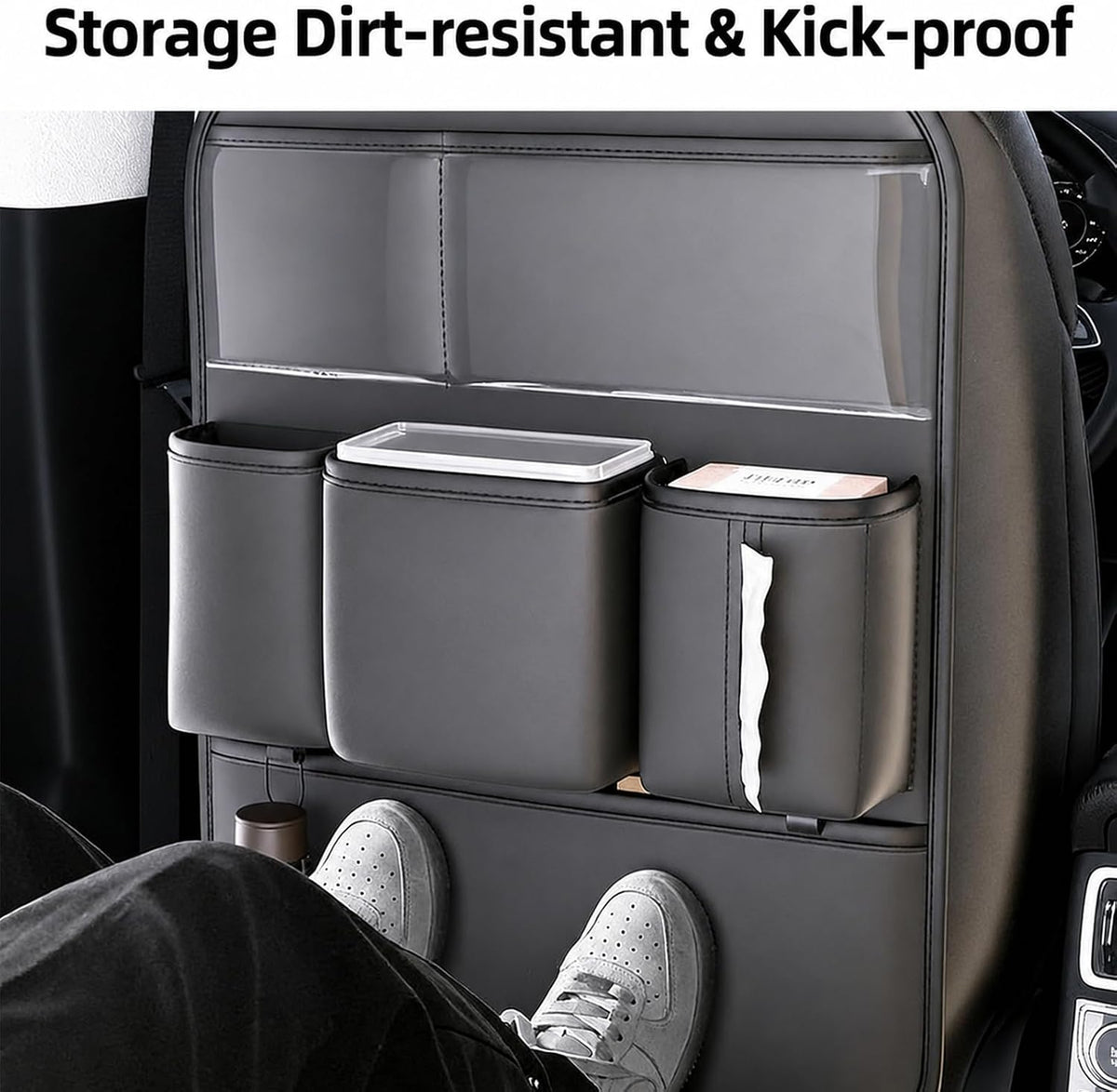 Leather Car Seat Back Organizer, Backseat Kick Mat Protector with Clear Touchscreen Tablet Holder, Cup Holder, Tissue Holder and Storage Pockets, Fits Cars SUVs Minivans, Black