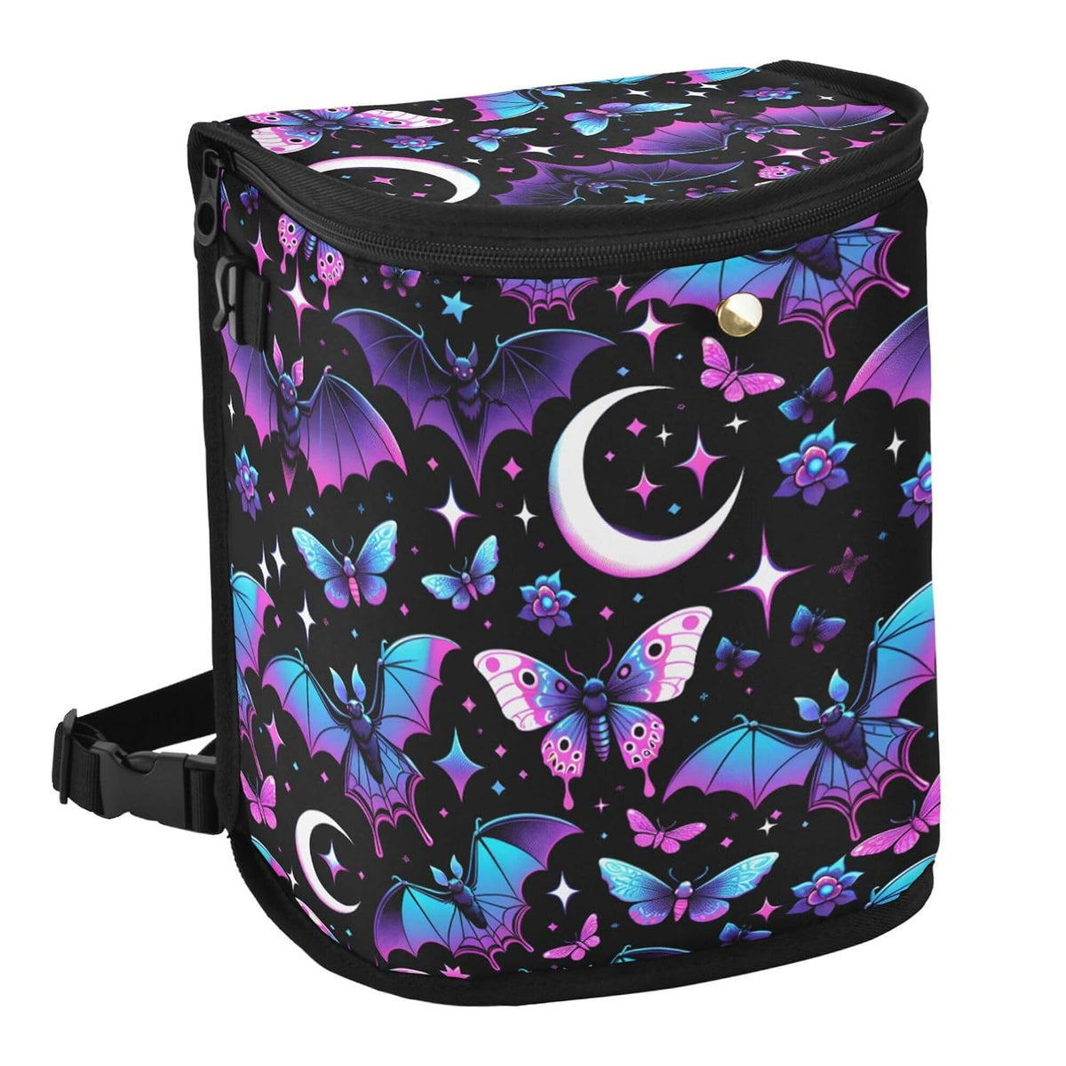 Mnsruu Car Trash Can with Lid, Neon Purple and Bats Stars and Moons Car Trash Bag Hanging Organizers and Storage for Front Back Seat, Leak-Proof Trash Bin