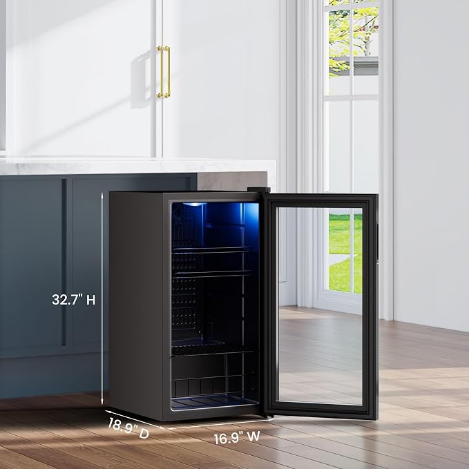 Yeego Beverage Refrigerator Drink Cooler, 105 Cans Mini Fridge Glass Door | Soda Wine Beer Small Cooler, 34°F To 54°F Digital Temperature Control, for Home Office Bar, Adjustable Shelves, Black