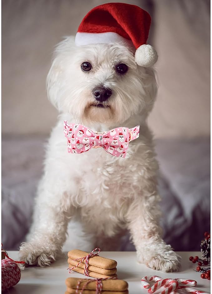 Dog Collar, Christmas Pink Santa Claus Cotton Pet Collar Bow Holiday Girl Boy Cute Puppy Collar Adjustable Pet Collar for Large Dogs