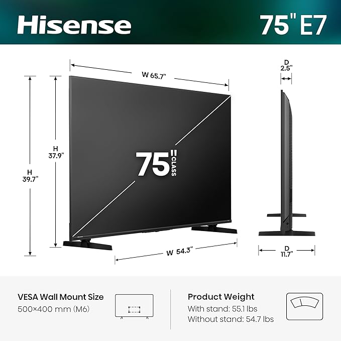 Hisense 75" E7 Cinema Series Hi-QLED Mini-LED 4K UHD Smart Fire TV (75E7SF, 2026 NEW) - Native 144Hz, AI Picture, Dolby Vision IQ · Atmos, FALD, HDR10+ Adaptive, MEMC, Alexa+