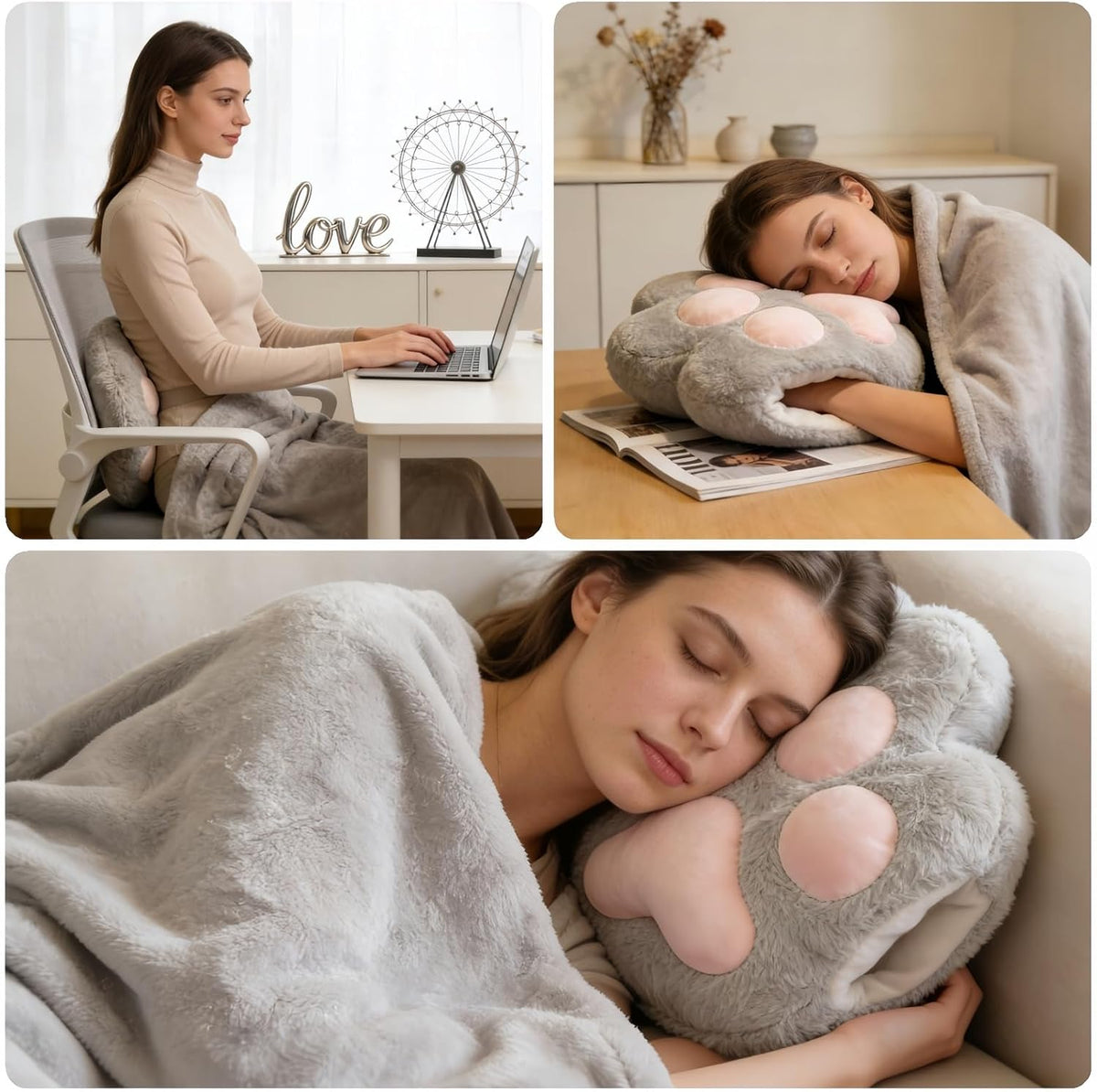 RYOLOY Cat Paw Warm Hand Pillow,with 66 * 35Inch Travel Blanket,2 in 1 Travel Pillow and Blanket Set,for Car Office Camping Essentials (Pink)