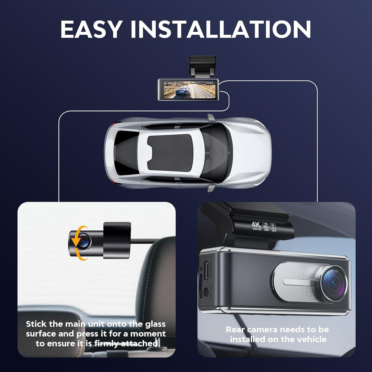 4K Dash Cam Front and Rear,with 64GB Card,Built in 5.8GHz WiFi & GPS Car Camera,Super Night Vision,Advanced Driver Assistance System,3.2'IPS Screen,24H Parking Mode,Time-Lapse,Loop Recording